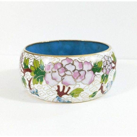 Large Wide Vintage Cloisonne Enamel Bangle Bracelet - Flowers Leaves Clouds - Picture 1 of 16